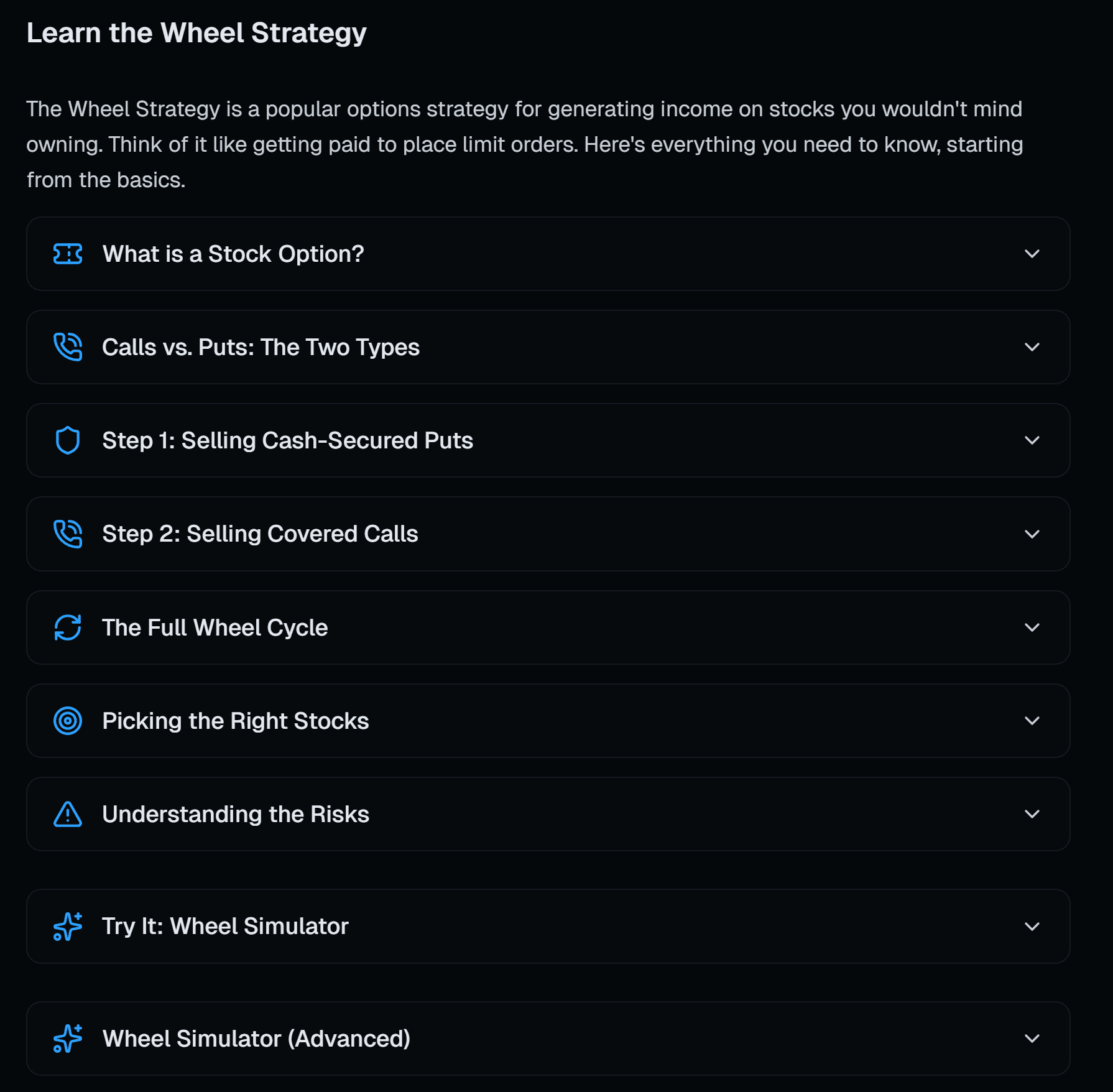 Built-in Learn the Wheel Strategy lessons, from stock options basics through advanced simulators.
